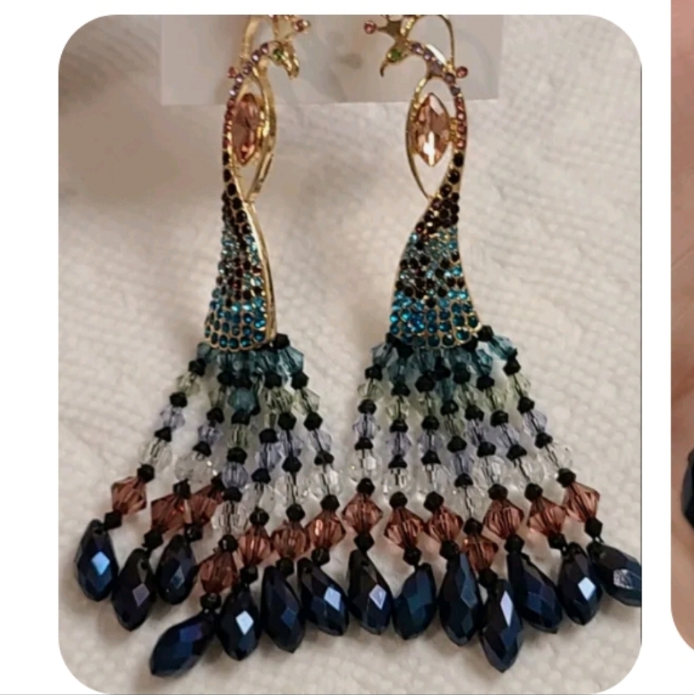 Betsey Johnson Sparkly Peacock Chandelier Beaded Rhinestones Long Earrings